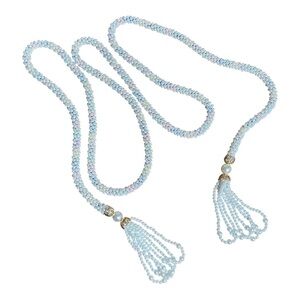 VTG Faux Pearl Beaded White Gold Rainbow Thread Tassel Strand Belt Sash Elegant